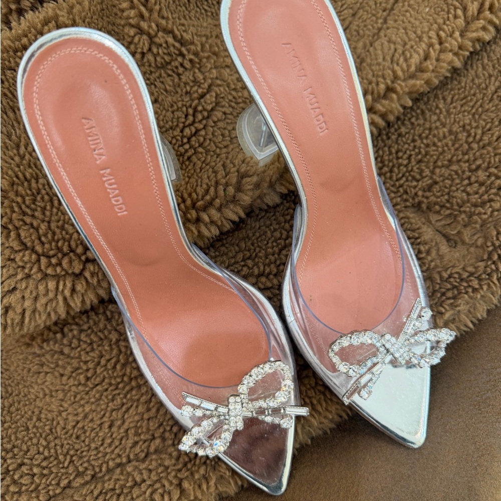 Amina Muaddi Metallic Silver Crystal Bow Pointed Mule